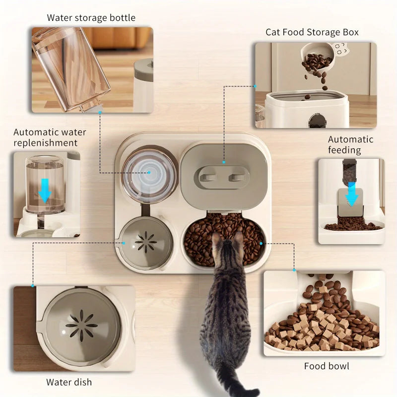 Gamelle automatique pour chat avec distributeur de nourriture et fontaine à eau pour chats de petite et moyenne taille, avec système anti-déversement. ge Cats Dogs
